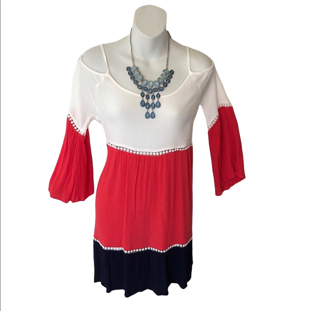 Cold Shoulder Dress Tunic Top in size Large Red & White Block color